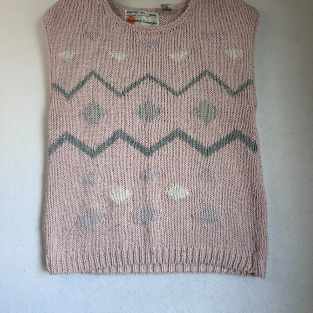 sweater vest women M silk  blend chevron‎ pink pastel hand knit 80's 90's VTG